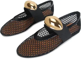 DOEYG Mesh Ballet Flats for Women Buckle Strap Comfy Casual Office Fishnet Ballerina Flat Shoes