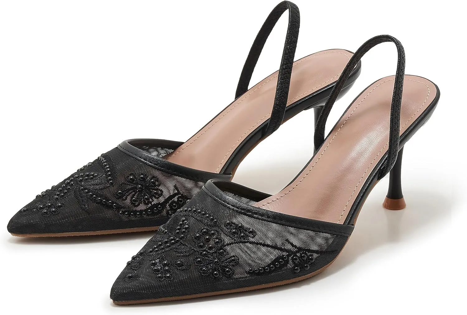 Embroidered Mesh Slingback Heels for Women White Pearl Kitten Heel Pumps Pointed Toe Backless Wedding Shoes