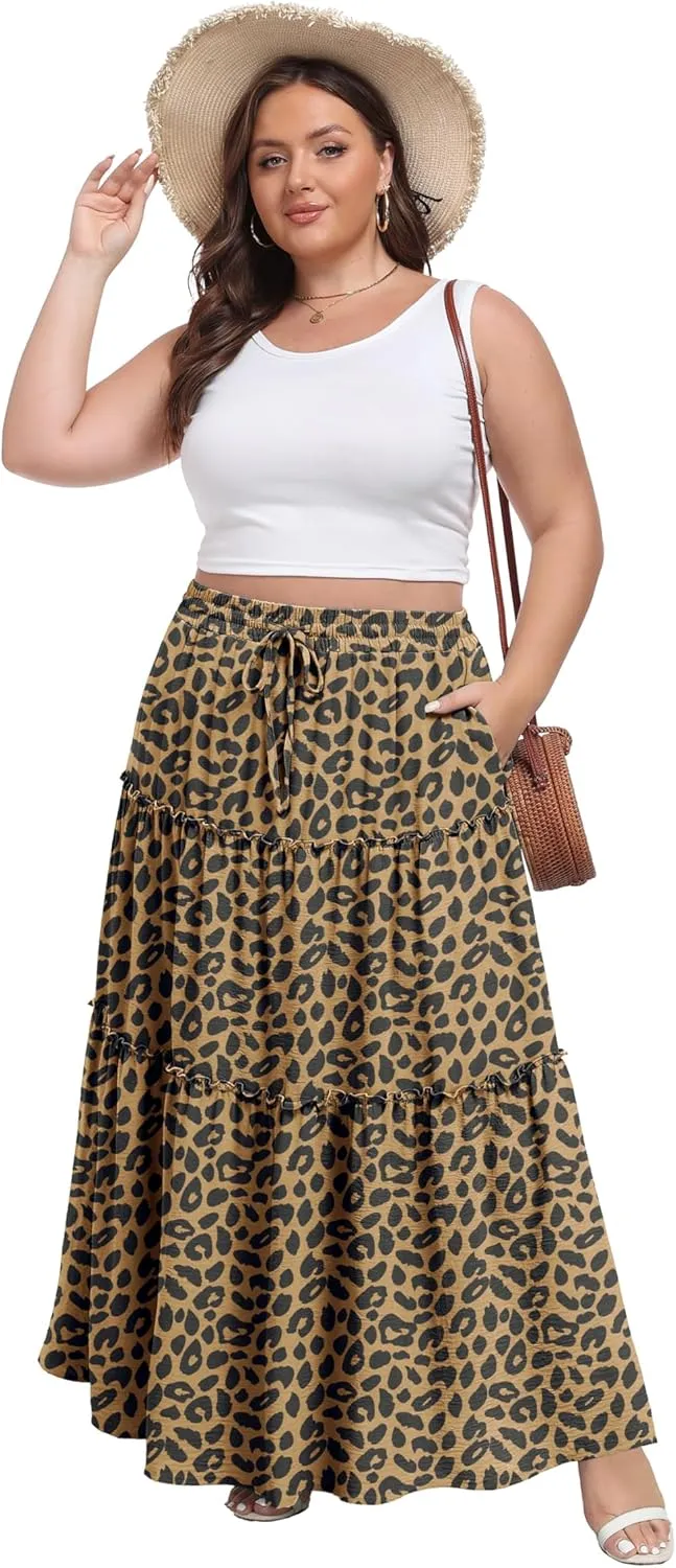 Lepunuo Womens Casual Boho High Waisted Flowy Maxi Skirts Trendy Floral Cute Long Skirts with Pockets