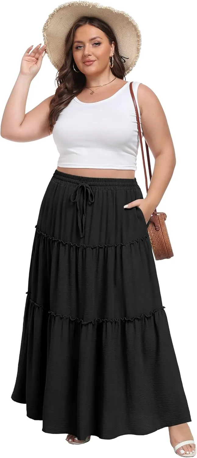 Lepunuo Womens Casual Boho High Waisted Flowy Maxi Skirts Trendy Floral Cute Long Skirts with Pockets