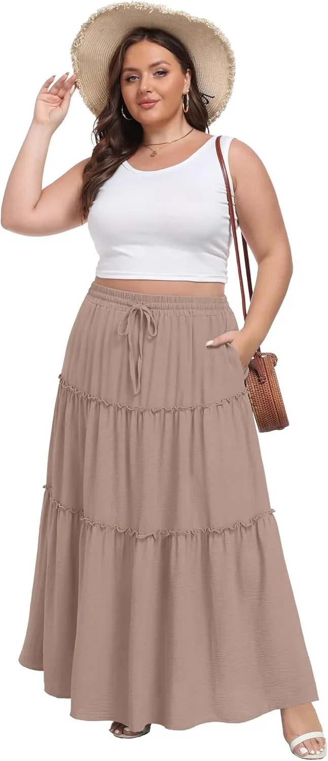 Lepunuo Womens Casual Boho High Waisted Flowy Maxi Skirts Trendy Floral Cute Long Skirts with Pockets