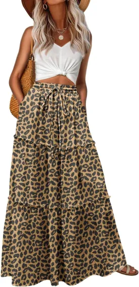 Lepunuo Womens Casual Boho High Waisted Flowy Maxi Skirts Trendy Floral Cute Long Skirts with Pockets