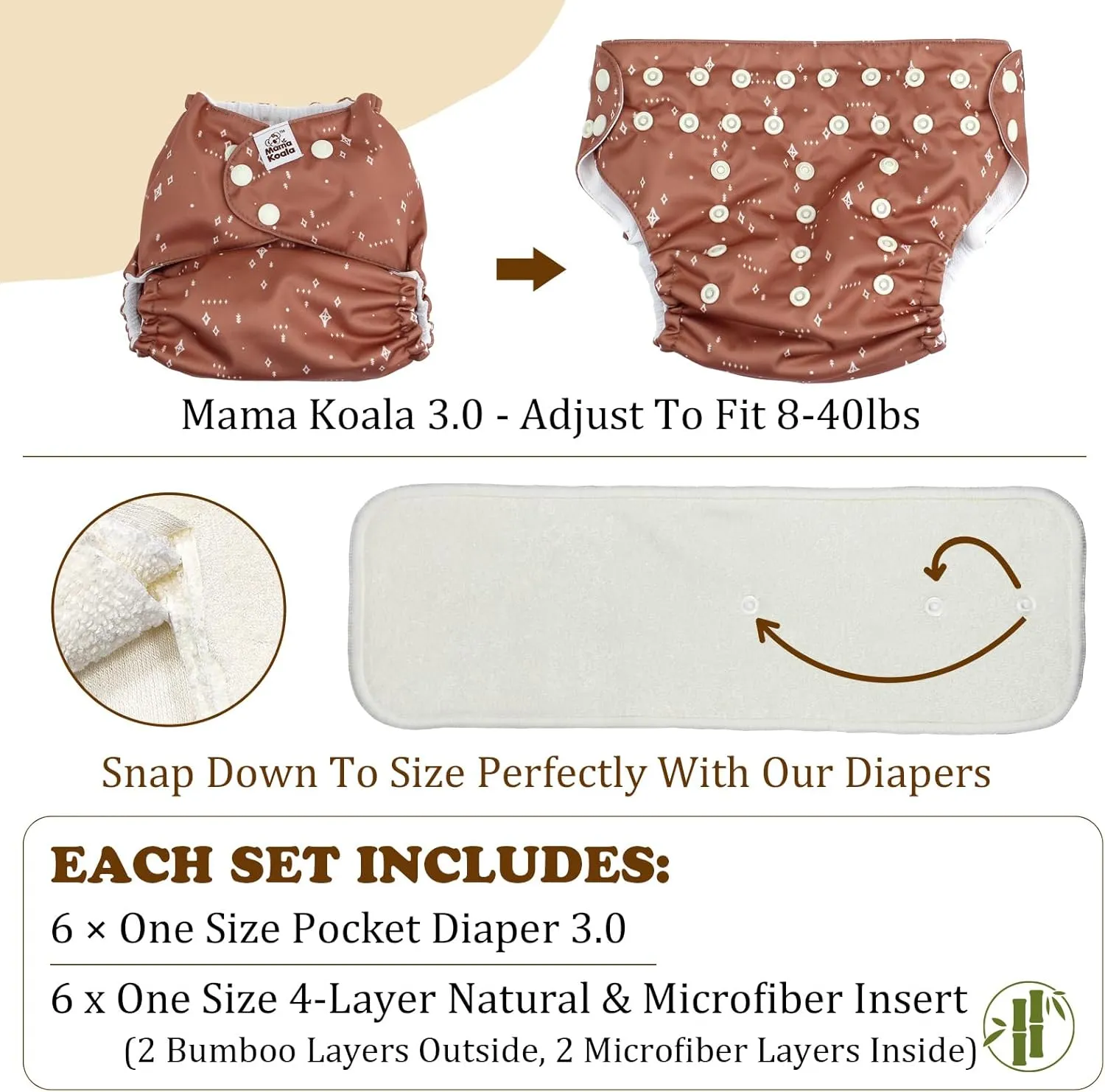 Mama Koala 3.0 Pocket Cloth Diapers for Babies with AWJ Lining, 6 Pack with 6 4-Layer Natural Cloth Diaper Inserts - Reusable and Washable Pocket Diapers(Simply Neutrals)