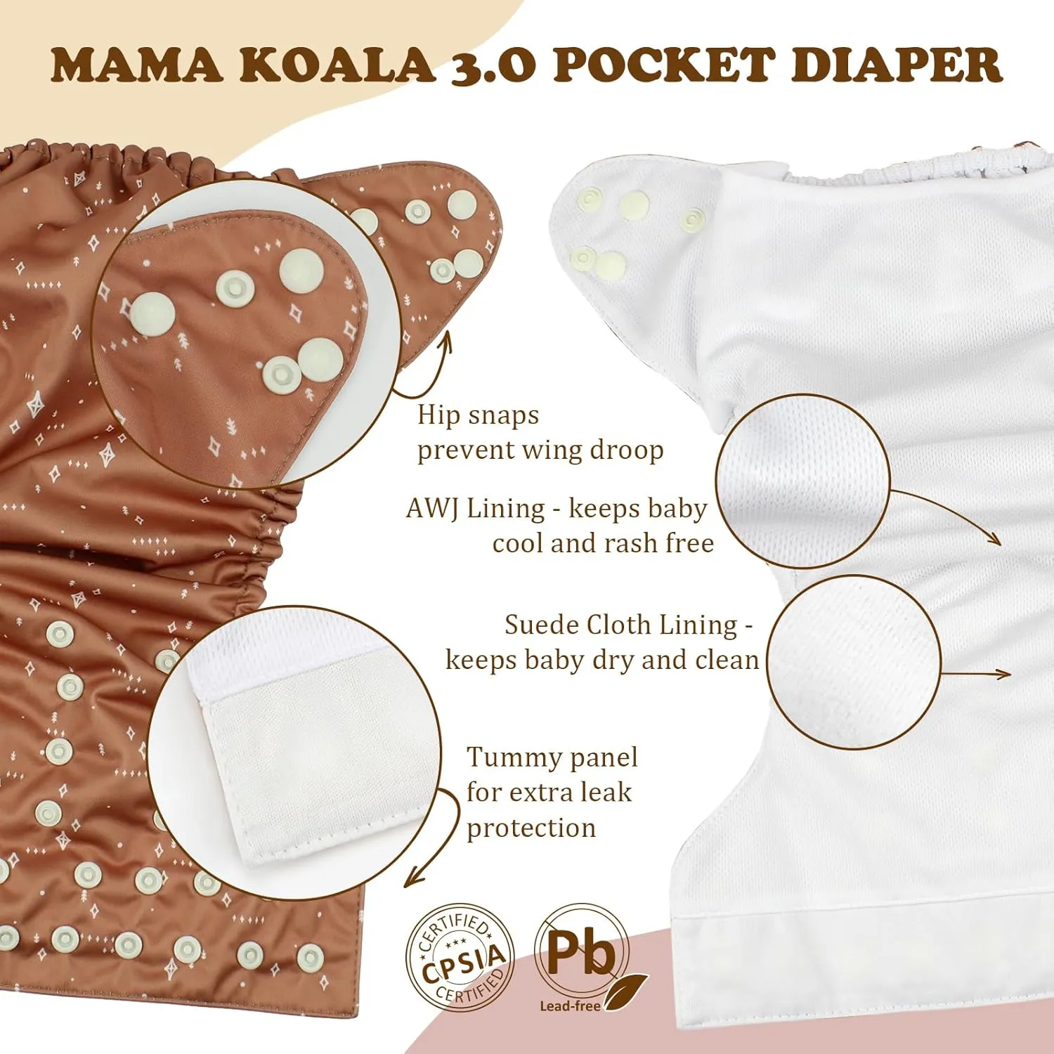 Mama Koala 3.0 Pocket Cloth Diapers for Babies with AWJ Lining, 6 Pack with 6 4-Layer Natural Cloth Diaper Inserts - Reusable and Washable Pocket Diapers(Simply Neutrals)