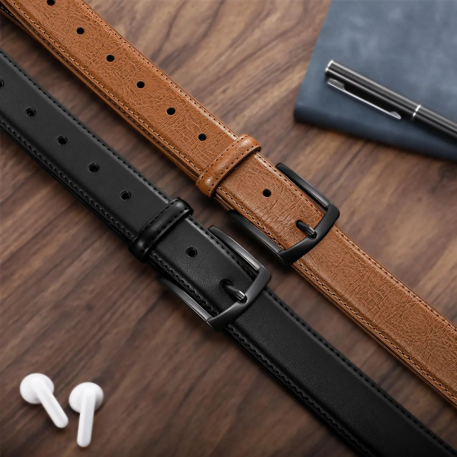 Men's Belt 2Pack Genuine Leather Belt for Men Dress Casual Golf Jeans Pants 1 3/8"