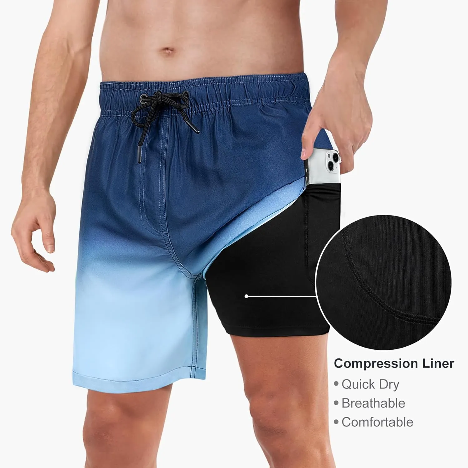 Mens Swim Trunks with Compression Liner 2 in 1 Quick Dry Swimming Shorts Swimwear Bathing Suits with Pockets
