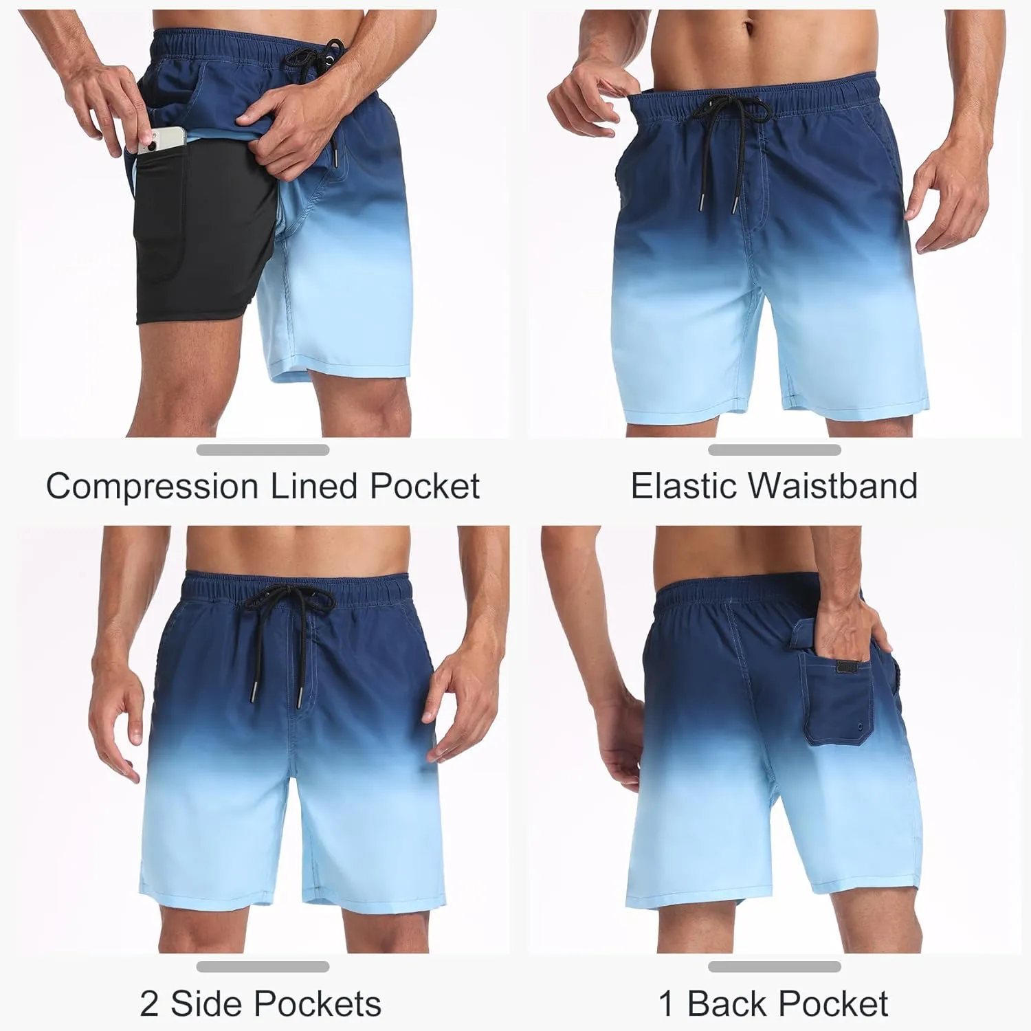 Mens Swim Trunks with Compression Liner 2 in 1 Quick Dry Swimming Shorts Swimwear Bathing Suits with Pockets