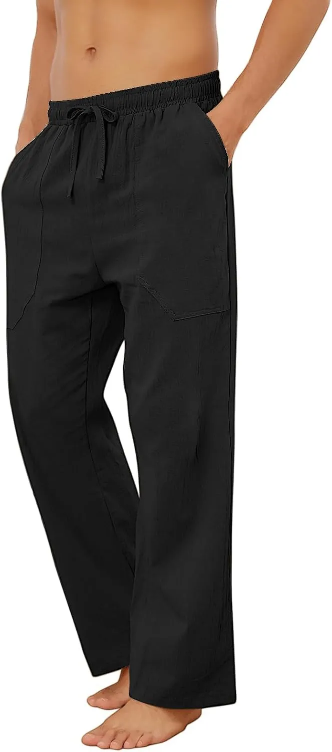 Puimentiua Cotton Linen Pants Men Casual Loose Fit Elastic Drawstring Waist Summer Beach Pants