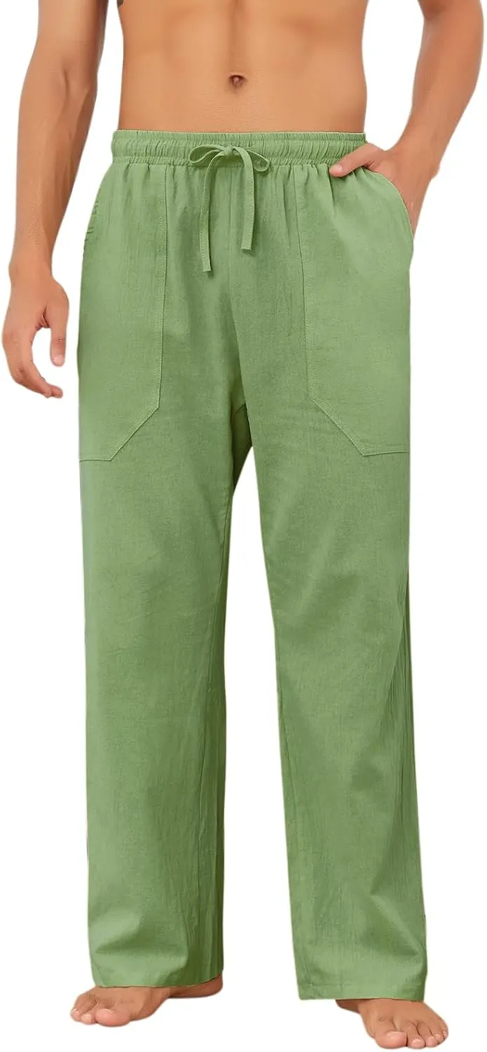 Puimentiua Cotton Linen Pants Men Casual Loose Fit Elastic Drawstring Waist Summer Beach Pants