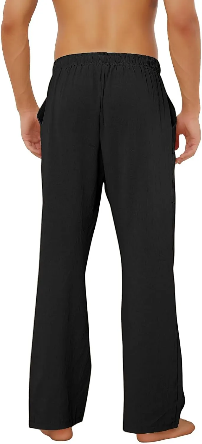 Puimentiua Cotton Linen Pants Men Casual Loose Fit Elastic Drawstring Waist Summer Beach Pants