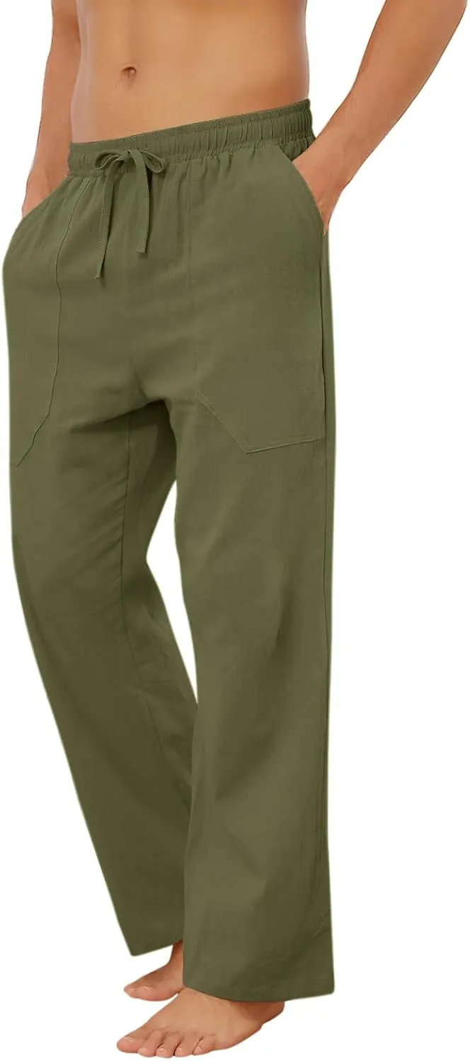 Puimentiua Cotton Linen Pants Men Casual Loose Fit Elastic Drawstring Waist Summer Beach Pants