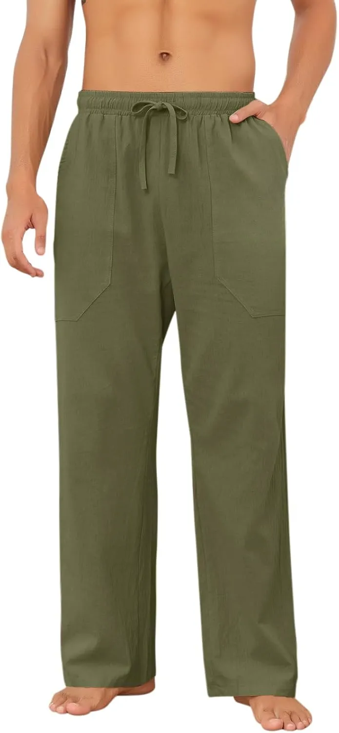Puimentiua Cotton Linen Pants Men Casual Loose Fit Elastic Drawstring Waist Summer Beach Pants