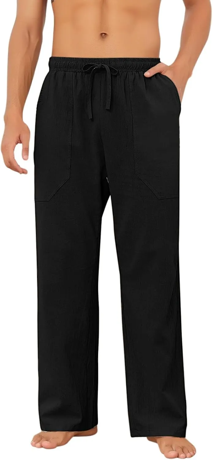 Puimentiua Cotton Linen Pants Men Casual Loose Fit Elastic Drawstring Waist Summer Beach Pants