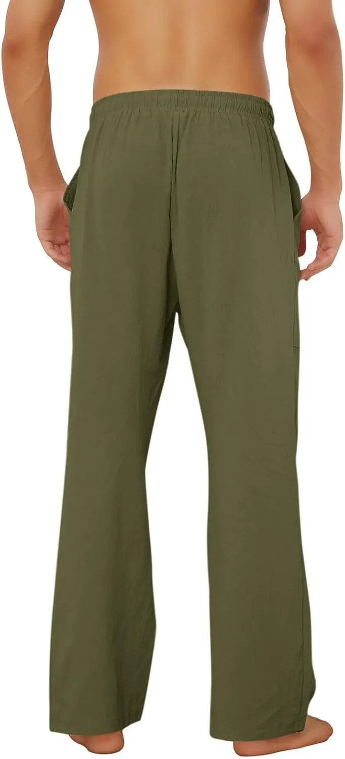 Puimentiua Cotton Linen Pants Men Casual Loose Fit Elastic Drawstring Waist Summer Beach Pants