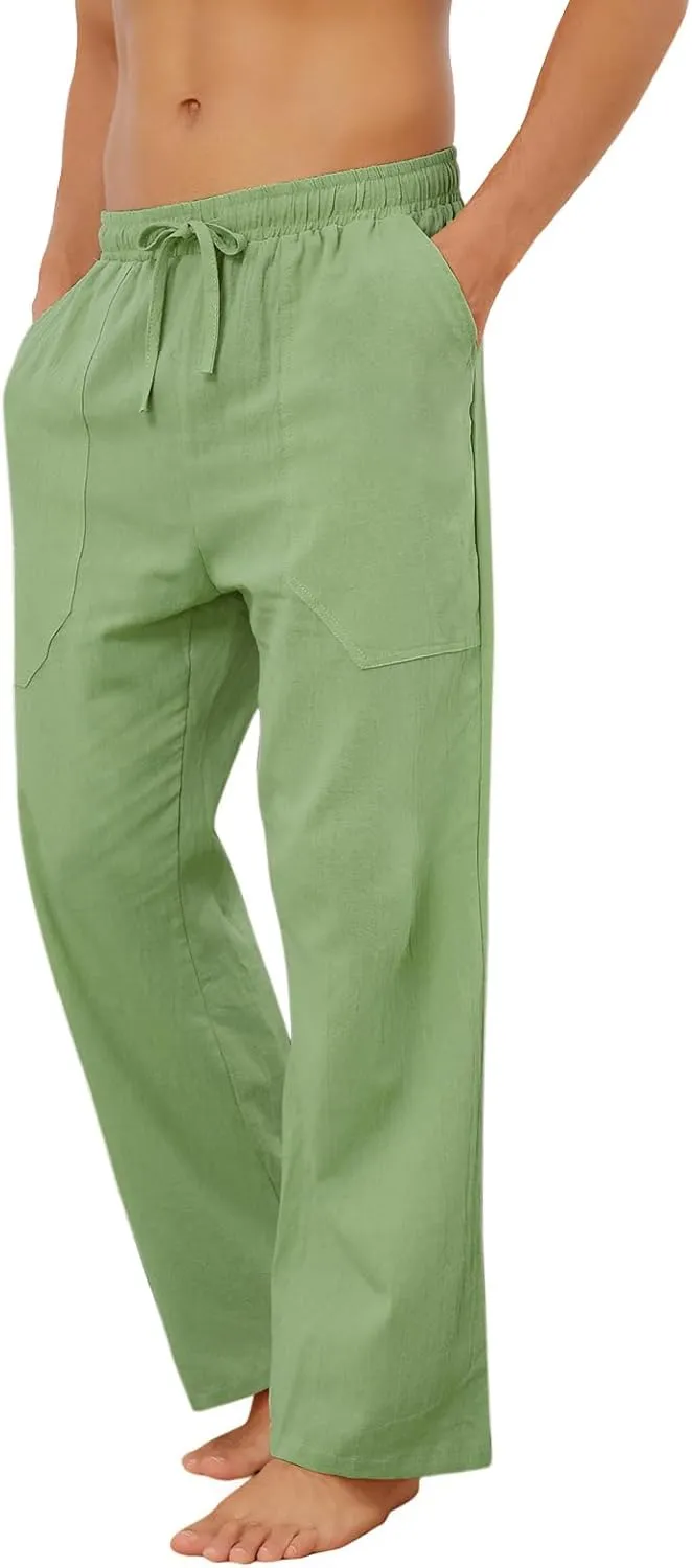 Puimentiua Cotton Linen Pants Men Casual Loose Fit Elastic Drawstring Waist Summer Beach Pants