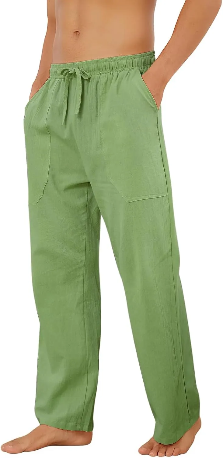 Puimentiua Cotton Linen Pants Men Casual Loose Fit Elastic Drawstring Waist Summer Beach Pants
