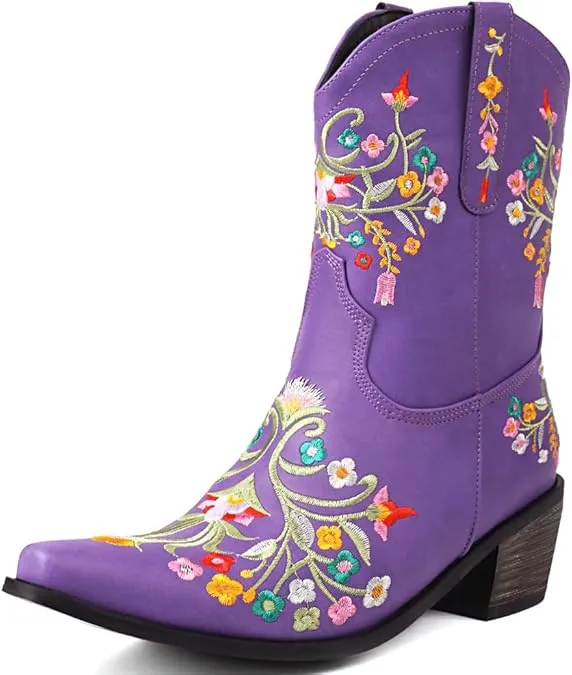 Purple Embroidered Chunky Heel Boots