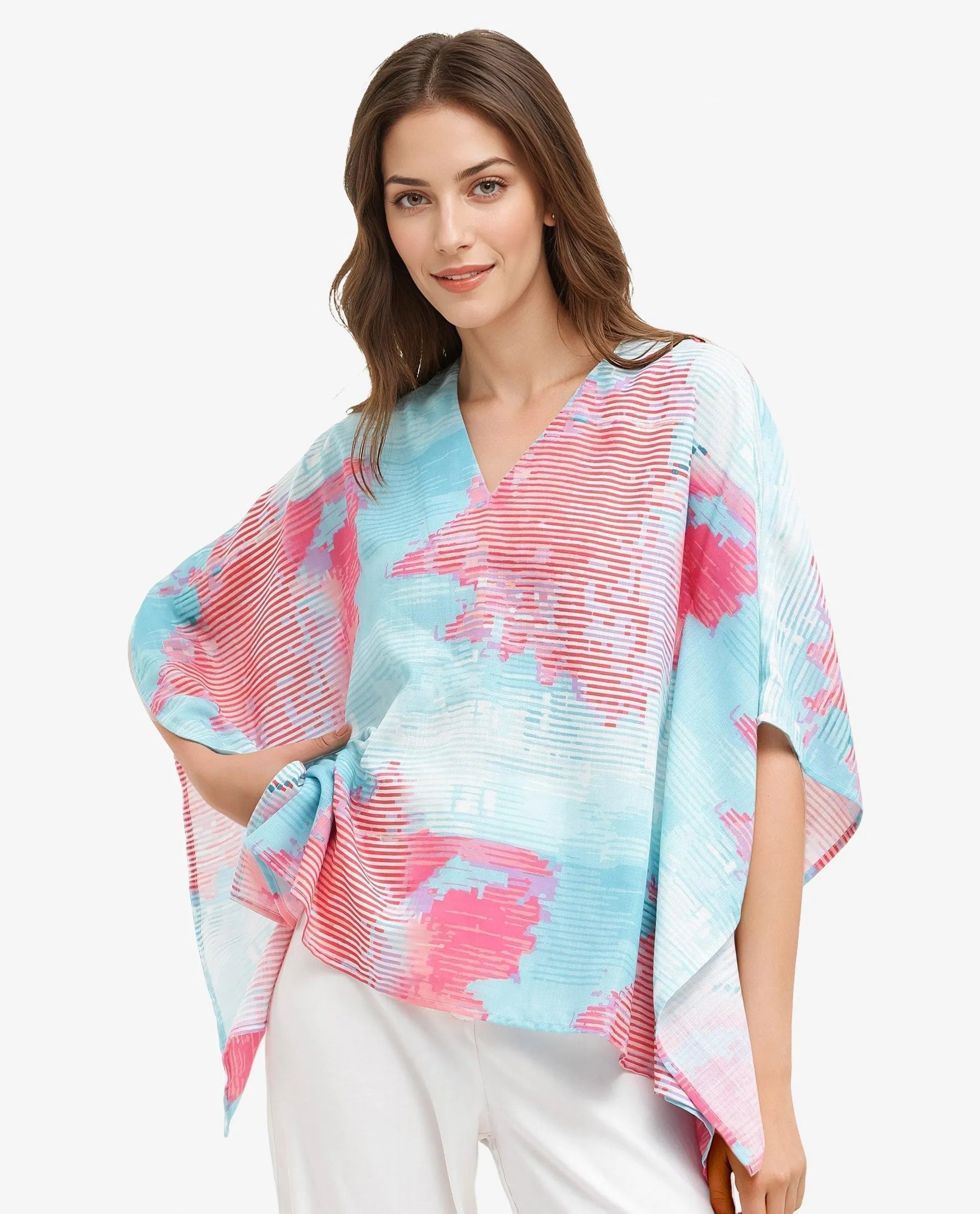 Rareism Women Arial Light Blue Linen Abstract Print V-Neck Top