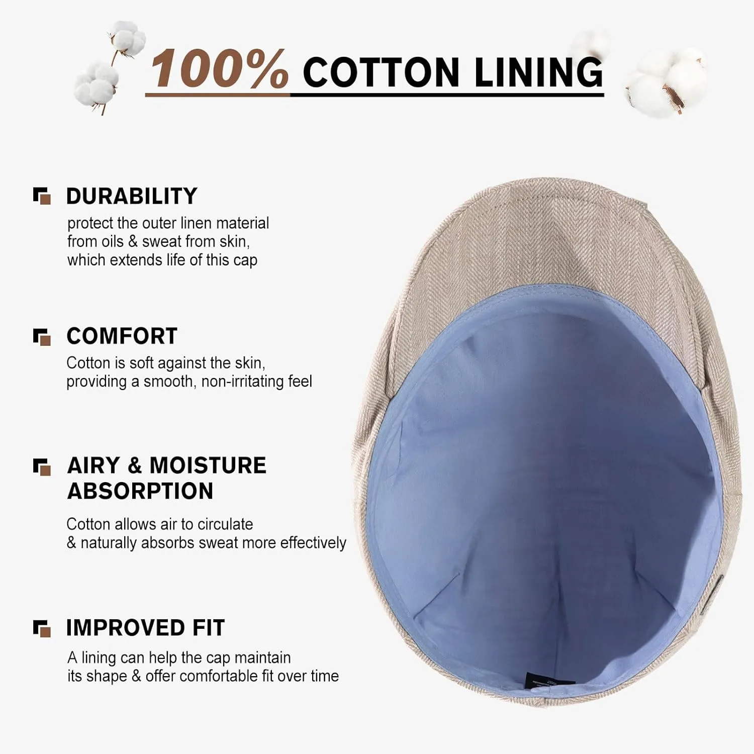 TOP-EX XL/XXL Mens 100% Linen Flat Cap Summer Cooling Newsboy Hats Cotton Lining