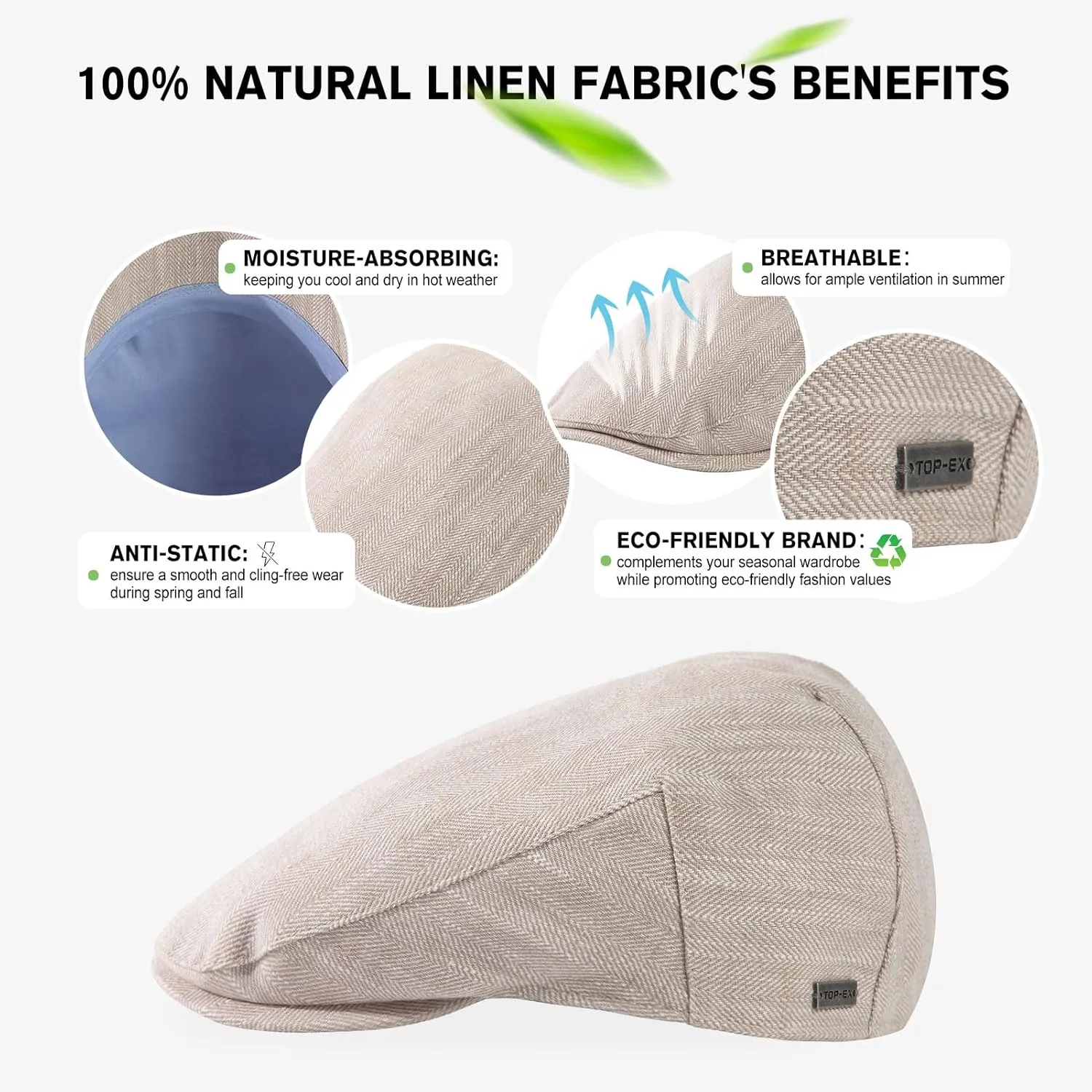 TOP-EX XL/XXL Mens 100% Linen Flat Cap Summer Cooling Newsboy Hats Cotton Lining